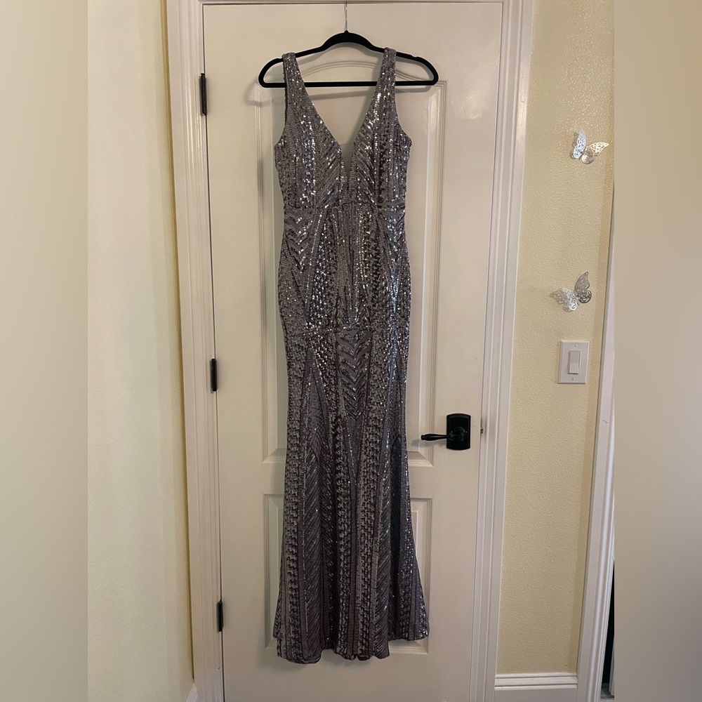 Fashion Nova Grey/Silver Sequin Formal Gown Size Medium
